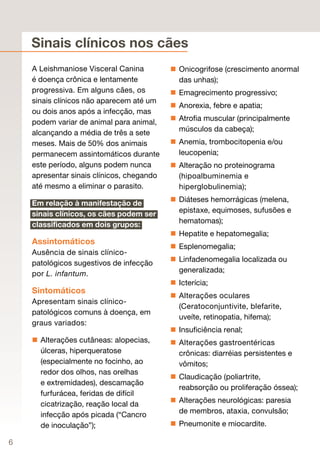 Sinais clínicos nos cães
    A Leishmaniose Visceral Canina          Onicogrifose (crescimento anormal
    é doença crônica e lentamente            das unhas);
    progressiva. Em alguns cães, os         Emagrecimento progressivo;
    sinais clínicos não aparecem até um
                                            Anorexia, febre e apatia;
    ou dois anos após a infecção, mas
    podem variar de animal para animal,     Atrofia muscular (principalmente
    alcançando a média de três a sete        músculos da cabeça);
    meses. Mais de 50% dos animais          Anemia, trombocitopenia e/ou
    permanecem assintomáticos durante        leucopenia;
    este período, alguns podem nunca        Alteração no proteinograma
    apresentar sinais clínicos, chegando     (hipoalbuminemia e
    até mesmo a eliminar o parasito.         hiperglobulinemia);

    Em relação à manifestação de            Diáteses hemorrágicas (melena,
    sinais clínicos, os cães podem ser       epistaxe, equimoses, sufusões e
    classificados em dois grupos:            hematomas);
                                            Hepatite e hepatomegalia;
    Assintomáticos
                                            Esplenomegalia;
    Ausência de sinais clínico-
    patológicos sugestivos de infecção      Linfadenomegalia localizada ou
    por L. infantum.                         generalizada;
                                            Icterícia;
    Sintomáticos
                                            Alterações oculares
    Apresentam sinais clínico-
                                             (Ceratoconjuntivite, blefarite,
    patológicos comuns à doença, em
                                             uveíte, retinopatia, hifema);
    graus variados:
                                            Insuficiência renal;
     Alterações cutâneas: alopecias,       Alterações gastroentéricas
      úlceras, hiperqueratose                crônicas: diarréias persistentes e
      (especialmente no focinho, ao          vômitos;
      redor dos olhos, nas orelhas
                                            Claudicação (poliartrite,
      e extremidades), descamação
                                             reabsorção ou proliferação óssea);
      furfurácea, feridas de difícil
      cicatrização, reação local da         Alterações neurológicas: paresia
      infecção após picada (“Cancro          de membros, ataxia, convulsão;
      de inoculação”);                      Pneumonite e miocardite.

6
 