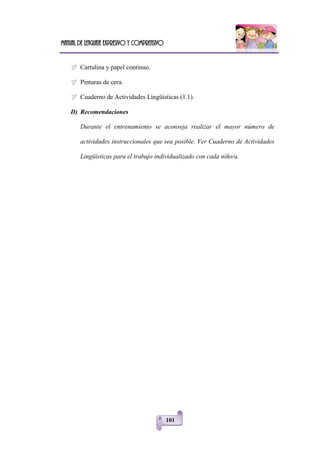 Manual de lenguaje expresivo y comprensivo
101
 Cartulina y papel continuo.
 Pinturas de cera.
 Cuaderno de Actividades Lingüísticas (1.1).
D) Recomendaciones
Durante el entrenamiento se aconseja realizar el mayor número de
actividades instruccionales que sea posible. Ver Cuaderno de Actividades
Lingüísticas para el trabajo individualizado con cada niño/a.
 