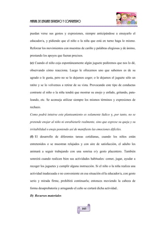 Manual de lenguaje expresivo y comprensivo
103
puedan verse sus gestos y expresiones, siempre anticipándose a ensayarlo el
educador/a, y pidiendo que el niño o la niña que está en turno haga lo mismo.
Reforzar los movimientos con muestras de cariño y palabras elogiosas y de ánimo,
prestando los apoyos que fueran precisos.
(e) Cuando el niño coja espontáneamente algún juguete pediremos que nos lo dé,
observando cómo reacciona. Luego le ofrecemos uno que sabemos es de su
agrado o le gusta, pero no se lo dejamos coger; o le dejamos el juguete sólo un
ratito y se lo volvemos a retirar de su vista. Provocando este tipo de conductas
contraste el niño o la niña tendrá que mostrar su enojo y enfado, gritando, pata-
leando, etc. Se aconseja utilizar siempre los mismos términos y expresiones de
rechazo.
Como podrá intuirse este planteamiento es solamente lúdico y, por tanto, no se
pretende enojar al niño ni enrabietarle realmente, sino que exprese su queja y su
irritabilidad o enojo poniendo así de manifiesto las emociones difíciles.
(f) El desarrollo de diferentes tareas cotidianas, cuando los niños están
entretenidos o se muestran relajados y con aire de satisfacción, el adulto les
animará a seguir trabajando con una sonrisa o/y gesto placentero. También
sonreirá cuando realicen bien sus actividades habituales: comer, jugar, ayudar a
recoger los juguetes y cumplir alguna instrucción. Si el niño o la niña realiza una
actividad inadecuada o no conveniente en esa situación el/la educador/a, con gesto
serio y mirada firme, prohibirá continuarla; entonces moviendo la cabeza de
forma desaprobatoria y arrugando el ceño se cortará dicha actividad..
D) Recursos materiales
 