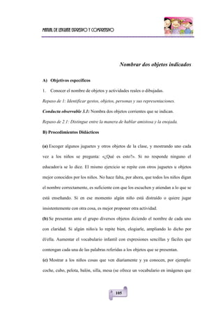 Manual de lenguaje expresivo y comprensivo
105
Nombrar dos objetos indicados
A) Objetivos específicos
1. Conocer el nombre de objetos y actividades reales o dibujadas.
Repaso de 1: Identificar gestos, objetos, personas y sus representaciones.
Conducta observable 3.1: Nombra dos objetos corrientes que se indican.
Repaso de 2.1: Distingue entre la manera de hablar amistosa y la enojada.
B) Procedimientos Didácticos
(a) Escoger algunos juguetes y otros objetos de la clase, y mostrando uno cada
vez a los niños se pregunta: «¿Qué es esto?». Si no responde ninguno el
educador/a se lo dice. El mismo ejercicio se repite con otros juguetes u objetos
mejor conocidos por los niños. No hace falta, por ahora, que todos los niños digan
el nombre correctamente, es suficiente con que los escuchen y atiendan a lo que se
está enseñando. Si en ese momento algún niño está distraído o quiere jugar
insistentemente con otra cosa, es mejor proponer otra actividad.
(b) Se presentan ante el grupo diversos objetos diciendo el nombre de cada uno
con claridad. Si algún niño/a lo repite bien, elogiarle, ampliando lo dicho por
él/ella. Aumentar el vocabulario infantil con expresiones sencillas y fáciles que
contengan cada una de las palabras referidas a los objetos que se presentan.
(c) Mostrar a los niños cosas que ven diariamente y ya conocen, por ejemplo:
coche, cubo, pelota, balón, silla, mesa (se ofrece un vocabulario en imágenes que
 