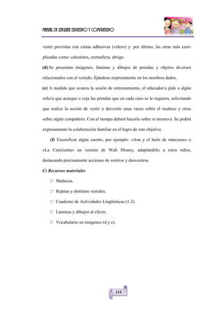Manual de lenguaje expresivo y comprensivo
111
vestir provistas con cintas adhesivas (velero) y. por último, las otras más com-
plicadas como: calcetines, cremallera, abrigo.
(d) Se presentan imágenes, láminas y dibujos de prendas y objetos diversos
relacionados con el vestido, fijándose expresamente en los nombres dados.
(e) A medida que avanza la sesión de entrenamiento, el educador/a pide a algún
niño/a que acerque o coja las prendas que en cada caso se le requiera, solicitando
que realice la acción de vestir o desvestir unas veces sobre el muñeco y otras
sobre algún compañero. Con el tiempo deberá hacerlo sobre sí mismo/a. Se pedirá
expresamente la colaboración familiar en el logro de este objetivo.
(f) Escenificar algún cuento, por ejemplo: «Ana y el baile de máscaras» o
«La Cenicienta» en versión de Walt Disney, adaptándolo a estos niños,
destacando precisamente acciones de vestirse y desvestirse.
C) Recursos materiales
 Muñecos.
 Repitas y distintos vestidos.
 Cuaderno de Actividades Lingüísticas (1.2).
 Láminas y dibujos al efecto.
 Vocabulario en imágenes (d y e).
 