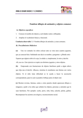 Manual de lenguaje expresivo y comprensivo
112
Nombrar dibujos de animales y objetos comunes
A) Objetivos específicos
1. Conocer el nombre de objetos y actividades reales o dibujadas.
2. Ampliar el vocabulario básico y funcional.
Conducta observable 3.3: Nombra dibujos de animales y cosas comunes.
B) Procedimientos Didácticos
(a) Una vez sentados los niños colocar ante su vista unos cuantos juguetes,
que ya conocen bien. Señalando uno decir su nombre y preguntar: «¿Dónde está»
Esperar que algún/a niño/a lo coja, lo señale o, simplemente, lo mire y decirle:
«Sí, eso es». Este ejercicio se repite con distintos juguetes y otros objetos.
(b) Empezando con ilustraciones de objetos familiares pedir a algún niño/a
que elija uno al decirle: «Busca», mientras le enseñamos una lámina con varios
objetos. Si el niño tiene dificultad se le ayuda a hacer la asociación
correspondiente, para lo cual se pondrá el dibujo junto al objeto real.
(c) Mostrar revistas, láminas, cartas u otros paneles donde aparezcan dibujos o
imágenes y pedir a los niños que señalen los objetos, personas y animales que le
sean familiares. Por ejemplo: coche, perro, niño, bota, calcetín, pelota, galleta.
Recompensar los aciertos con elogios y reconocimiento social.
 