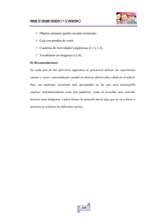 Manual de lenguaje expresivo y comprensivo
116
 Objetos comunes iguales excepto en tamaño.
 Caja con prendas de vestir.
 Cuaderno de Actividades Lingüísticas (1.1 y 1.2).
 Vocabulario en imágenes (a y b).
D) Recomendaciones
En cada uno de los ejercicios siguientes se procurará utilizar las expresiones
«mira» y «oye», especialmente cuando se observa distracción o duda en el niño/a.
Hay, sin embargo, ocasiones más apropiadas en las que será aconsejable
emplear sistemáticamente estas dos palabras, como al escuchar una canción,
mostrar unas imágenes, o para llamar la atención hacia algo que se va a hacer y
mientras se realizan las diferentes tareas.
 