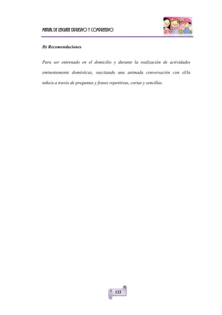 Manual de lenguaje expresivo y comprensivo
122
D) Recomendaciones
Para ser entrenado en el domicilio y durante la realización de actividades
eminentemente domésticas, suscitando una animada conversación con el/la
niño/a a través de preguntas y frases repetitivas, cortas y sencillas.
 