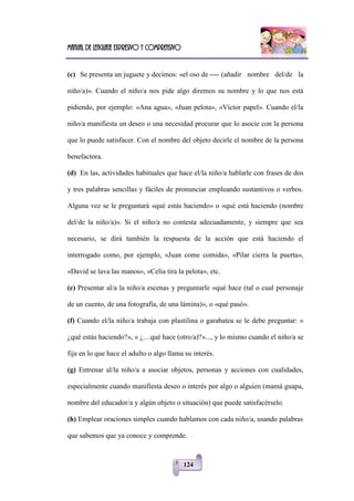 Manual de lenguaje expresivo y comprensivo
124
(c) Se presenta un juguete y decimos: «el oso de ---- (añadir nombre del/de la
niño/a)». Cuando el niño/a nos pide algo diremos su nombre y lo que nos está
pidiendo, por ejemplo: «Ana agua», «Juan pelota», «Víctor papel». Cuando el/la
niño/a manifiesta un deseo o una necesidad procurar que lo asocie con la persona
que lo puede satisfacer. Con el nombre del objeto decirle el nombre de la persona
benefactora.
(d) En las, actividades habituales que hace el/la niño/a hablarle con frases de dos
y tres palabras sencillas y fáciles de pronunciar empleando sustantivos o verbos.
Alguna vez se le preguntará «qué estás haciendo» o «qué está haciendo (nombre
del/de la niño/a)». Si el niño/a no contesta adecuadamente, y siempre que sea
necesario, se dirá también la respuesta de la acción que está haciendo el
interrogado como, por ejemplo, «Juan come comida», «Pilar cierra la puerta»,
«David se lava las manos», «Celia tira la pelota», etc.
(e) Presentar al/a la niño/a escenas y preguntarle «qué hace (tal o cual personaje
de un cuento, de una fotografía, de una lámina)», o «qué pasó».
(f) Cuando el/la niño/a trabaja con plastilina o garabatea se le debe preguntar: «
¿qué estás haciendo?», « ¿…qué hace (otro/a)?»..., y lo mismo cuando el niño/a se
fija en lo que hace el adulto o algo llama su interés.
(g) Entrenar al/la niño/a a asociar objetos, personas y acciones con cualidades,
especialmente cuando manifiesta deseo o interés por algo o alguien (mamá guapa,
nombre del educador/a y algún objeto o situación) que puede satisfacérselo.
(h) Emplear oraciones simples cuando hablamos con cada niño/a, usando palabras
que sabemos que ya conoce y comprende.
 