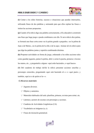 Manual de lenguaje expresivo y comprensivo
125
(i) Contar a los niños historias, sucesos o situaciones que puedan interesarlos,
utilizando frases de dos palabras y animando para que ellos repitan las frases e
imiten las acciones propuestas.
(j) Cuando el/la niño/a diga una palabra correctamente, el/la educador/a construirá
una frase que haga juego o pueda combinarse con ella. Si un/a niño/a dice pelota,
se formará una frase corta como «es la pelota grande o pequeña», «es la pelota de
Juan o de María», «es la pelota de la silla o de la caja». Animar al/a la niño/a para
que diga las palabras juntas y repetirlo combinando distintas.
(k) Proponer actividades en forma de juego, ordenando a los niños acciones tales
como guardar juguetes, patear la pelota, abrir o cerrar la puerta, peinarse o lavarse
las manos, etc., y preguntarle a alguno: «qué estás haciendo», o «qué haces».
(1) Del cuaderno de trabajo del/de la niño/a presentar acciones sencillas y
personajes conocidos, preguntando «qué está haciendo el---» o «qué pasó»; y
también, «qué es o de quién es la---».
C) Recursos materiales
 Juguetes diversos.
 Objetos y aumentos.
 Materiales habituales del aula: plastilina, pinturas, revistas para cortar, etc.
 Láminas y posters de escenas con personajes y acciones.
 Cuaderno de Actividades Lingüísticas (2.4).
 Vocabulario en imágenes (a, c).
 Frases de iniciación gramatical.
 