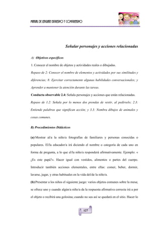 Manual de lenguaje expresivo y comprensivo
127
Señalar personajes y acciones relacionadas
A) Objetivos específicos
1. Conocer el nombre de objetos y actividades reales o dibujadas.
Repaso de 2: Conocer el nombre de elementos y actividades por sus similitudes y
diferencias; 8: Ejercitar correctamente algunas habilidades conversacionales; y
Aprender a mantener la atención durante las tareas.
Conducta observable 2.4: Señala personajes y acciones que están relacionadas.
Repaso de 1.2: Señala por lo menos dos prendas de vestir, al pedírselo; 2.3:
Entiende palabras que significan acción; y 3.3: Nombra dibujos de animales y
cosas comunes.
B) Procedimientos Didácticos
(a) Mostrar al/a la niño/a fotografías de familiares y personas conocidas o
populares. El/la educador/a irá diciendo el nombre o categoría de cada uno en
forma de pregunta, a lo que el/la niño/a responderá afirmativamente. Ejemplo: «
¿Es este papá?». Hacer igual con vestidos, alimentos o partes del cuerpo.
Introducir también acciones elementales, entre ellas: comer, beber, dormir,
lavarse, jugar, y otras habituales en la vida del/de la niño/a.
(b) Presentar a los niños el siguiente juego: varios objetos comunes sobre la mesa;
se ofrece uno y cuando algún/a niño/a da la respuesta afirmativa correcta irá a por
el objeto o recibirá una golosina; cuando no sea así se quedará en el sitio. Hacer lo
 