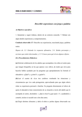 Manual de lenguaje expresivo y comprensivo
138
Describir expresiones con jerga o palabra
A) Objetivos específicos
1. Interpretar y seguir órdenes, dentro de un contexto conocido. 7. Relatar con
algún detalle experiencias y comportamientos.
Conducía observable 3.7: Describe sus experiencias, mezclando jerga y palabras
reales.
Repaso de 1.3: Entiende la respuesta afirmativa; 2.4: Señala personajes y
acciones que están relacionadas; y 1.5: Conoce para qué sirven algunos objetos.
B.1) Procedimientos Didácticos
(a) Solicitar colaboración de los adultos que acompañan a los niños al centro para
que traigan fotografías en las que aparece «su» niño/a, de modo que sirva para
hacerles hablar ayudados por las preguntas que apropiadamente les formule el
educador/a: «¿Qué?», «¿cómo?», «¿quién?».
(b) Leer el cuento de «Los tres cerditos» resaltando las situaciones y
circunstancias que vive cada protagonista, aprovechando para que algún niño/a
relate su experiencia personal o familiar. Se pregunta directamente al niño/a de
quien el educador/a tiene conocimiento de su situación a través del adulto que le
acompaña al centro, diciéndole: « ¿Qué te hizo?»«¿qué pasó---?». ayudándole a
contarlo, incluso si sucedió uno o dos días antes.
(c) Elegir distintos alimentos y darle al niño/a a probar alguno observando sus
 