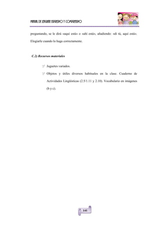 Manual de lenguaje expresivo y comprensivo
141
preguntando, se le dirá «aquí está» o «ahí está», añadiendo: «di tú, aquí está».
Elogiarle cuando lo haga correctamente.
C.2) Recursos materiales
 Juguetes variados.
 Objetos y útiles diversos habituales en la clase. Cuaderno de
Actividades Lingüísticas (2.5/1.11 y 2.10). Vocabulario en imágenes
(b y c).
 