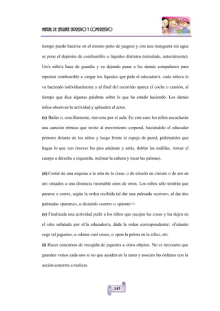 Manual de lenguaje expresivo y comprensivo
143
tiempo puede hacerse en el mismo patio de juegos) y con una manguera sin agua
se pone el depósito de combustible o líquidos distintos (simulado, naturalmente).
Un/a niño/a hace de guardia y va dejando pasar a los demás compañeros para
repostar combustible o cargar los líquidos que pida el educador/a. cada niño/a lo
va haciendo individualmente y al final del recorrido aparca el coche o camión, al
tiempo que dice algunas palabras sobre lo que ha estado haciendo. Los demás
niños observan la actividad y aplauden al actor.
(c) Bailar o, sencillamente, moverse por el aula. En este caso los niños escucharán
una canción rítmica que invite al movimiento corporal, haciéndolo el educador
primero delante de los niños y luego frente al espejo de pared, pidiéndoles que
hagan lo que ven (mover los pies adelante y atrás, doblar las rodillas, .torcer el
cuerpo a derecha e izquierda, inclinar la cabeza y tocar las palmas).
(d) Correr de una esquina a la otra de la clase, o de círculo en círculo o de aro en
aro situados a una distancia razonable unos de otros. Los niños sólo tendrán que
pararse o correr, según la orden recibida (al dar una palmada «correr», al dar dos
palmadas «pararse», o diciendo «corre» o «párate>>
(e) Finalizada una actividad pedir a los niños que recojan las cosas y las dejen en
el sitio señalado por el/la educador/a, dada la orden correspondiente: «Fulanito
coge tal juguete», o «dame cual cosa», o «pon la pelota en la silla», etc.
(í) Hacer concursos de recogida de juguetes u otros objetos. No es necesario que
guarden varios cada uno si no que ayuden en la tarea y asocien las órdenes con la
acción concreta a realizar.
 