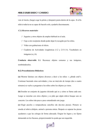 Manual de lenguaje expresivo y comprensivo
145
vete al rincón, (luego) coge la pelota y (después) ponía dentro de la caja». Si el/la
niño/a todavía no es capaz de hacerlo solo, ayudarle discretamente.
C.1) Recursos materiales
 Juguetes y otros objetos de empleo habitual en el aula.
 Caja u otro recipiente donde poder dejar lo recogido por los niños.
 Vídeo con grabaciones al efecto.
 Cuaderno de Actividades Lingüísticas (1.2 y 2.5/1.11). Vocabulario en
imágenes (a y b).
Conducta observable 1.6: Reconoce objetos comunes y sus imágenes,
nombrándoselos.
B.2) Procedimientos Didácticos
(a) Mostrar láminas con objetos diversos y decir a los niños: « ¿dónde está?».
Continuar haciendo otras actividades y tras un intervalo de tiempo (dos a cuatro
minutos) se vuelve a preguntar a los niños sobre los objetos ya vistos.
(b) Enseñar un conjunto de juguetes diciendo qué es y cómo se llama cada uno.
Luego se mezclan con otros objetos y se pide que algún niño/a busque uno en
concreto. Los niños irán poco a poco entendiendo este juego.
(c) Elegir puzzles o rompecabezas sencillos (de dos-tres piezas). Primero se
enseña al niño/a elobjeto, animal o persona entera. Después se separan las piezas
ayudamos a que las coloque de forma adecuada. Elogiar los logros y no fijarse
demasiado en los fracasos, proporcionando la ayuda que sea requerida.
 