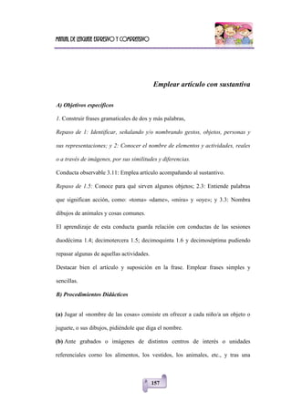 Manual de lenguaje expresivo y comprensivo
157
Emplear artículo con sustantiva
A) Objetivos específicos
1. Construir frases gramaticales de dos y más palabras,
Repaso de 1: Identificar, señalando y/o nombrando gestos, objetos, personas y
sus representaciones; y 2: Conocer el nombre de elementos y actividades, reales
o a través de imágenes, por sus similitudes y diferencias.
Conducta observable 3.11: Emplea artículo acompañando al sustantivo.
Repaso de 1.5: Conoce para qué sirven algunos objetos; 2.3: Entiende palabras
que significan acción, como: «toma» «dame», «mira» y «oye»; y 3.3: Nombra
dibujos de animales y cosas comunes.
El aprendizaje de esta conducta guarda relación con conductas de las sesiones
duodécima 1.4; decimotercera 1.5; decimoquinta 1.6 y decimoséptima pudiendo
repasar algunas de aquellas actividades.
Destacar bien el artículo y suposición en la frase. Emplear frases simples y
sencillas.
B) Procedimientos Didácticos
(a) Jugar al «nombre de las cosas» consiste en ofrecer a cada niño/a un objeto o
juguete, o sus dibujos, pidiéndole que diga el nombre.
(b) Ante grabados o imágenes de distintos centros de interés o unidades
referenciales corno los alimentos, los vestidos, los animales, etc., y tras una
 