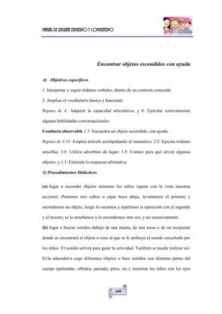 Manual de lenguaje expresivo y comprensivo
160
Encontrar objetos escondidos con ayuda
A) Objetivos específicos
1. Interpretar y seguir órdenes verbales, dentro de un contexto conocido.
2. Ampliar el vocabulario básico y funcional.
Repaso de 4: Adquirir la capacidad articulativa; y 8: Ejercitar correctamente
algunas habilidades conversacionales.
Conducta observable 1.7: Encuentra un objeto escondido, con ayuda.
Repaso de 3.11: Emplea artículo acompañando al sustantivo; 2.5: Ejecuta órdenes
sencillas; 3.8: Utiliza adverbios de lugar; 1.5: Conoce para qué sirven algunos
objetos; y 1.3: Entiende la respuesta afirmativa.
B) Procedimientos Didácticos
(a) Jugar a esconder objetos mientras los niños siguen con la vista nuestras
acciones: Ponemos tres cubos o cajas boca abajo, levantamos el primero y
escondemos un objeto, luego Jo sacarnos y repetimos la operación con el segundo
y el tercero; se lo enseñamos y lo escondemos otra vez, y así sucesivamente.
(b) Jugar a buscar sonidos debajo de una manta, de una mesa o de un recipiente
donde se encontrará el objeto o cosa al que se le atribuye el sonido escuchado por
los niños. El sonido servirá para guiar la actividad. También se puede realizar así:
El/la educador/a coge diferentes objetos o hace sonidos con distintas partes del
cuerpo (palmadas, silbidos, pateado, pitos, etc.), mientras los niños con los ojos
 