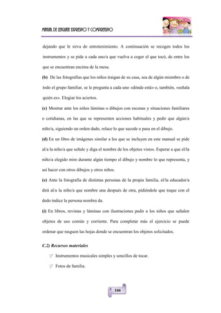 Manual de lenguaje expresivo y comprensivo
166
dejando que le sirva de entretenimiento. A continuación se recogen todos los
instrumentos y se pide a cada uno/a que vuelva a coger el que tocó, de entre los
que se encuentran encima de la mesa.
(b) De las fotografías que los niños traigan de su casa, sea de algún miembro o de
todo el grupo familiar, se le pregunta a cada uno «dónde está» o, también, «señala
quién es». Elogiar los aciertos.
(c) Mostrar ante los niños láminas o dibujos con escenas y situaciones familiares
o cotidianas, en las que se representen acciones habituales y pedir que algún/a
niño/a, siguiendo un orden dado, relace lo que sucede o pasa en el dibujo.
(d) En un libro de imágenes similar a los que se incluyen en este manual se pide
al/a la niño/a que señale y diga el nombre de los objetos vistos. Esperar a que el/la
niño/a elegido mire durante algún tiempo el dibujo y nombre lo que representa, y
así hacer con otros dibujos y otros niños.
(e) Ante la fotografía de distintas personas de la propia familia, el/la educador/a
dirá al/a la niño/a que nombre una después de otra, pidiéndole que toque con el
dedo índice la persona nombra da.
(í) En libros, revistas y láminas con ilustraciones pedir a los niños que señalen
objetos de uso común y corriente. Para completar más el ejercicio se puede
ordenar que rasguen las hojas donde se encuentran los objetos solicitados.
C.2) Recursos materiales
 Instrumentos musicales simples y sencillos de tocar.
 Fotos de familia.
 