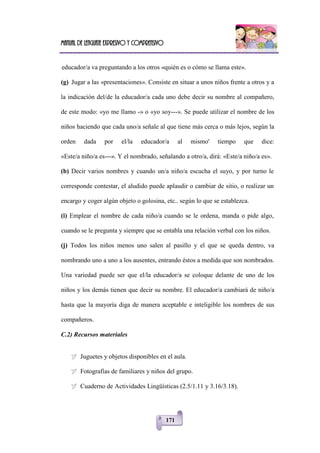 Manual de lenguaje expresivo y comprensivo
171
educador/a va preguntando a los otros «quién es o cómo se llama este».
(g) Jugar a las «presentaciones». Consiste en situar a unos niños frente a otros y a
la indicación del/de la educador/a cada uno debe decir su nombre al compañero,
de este modo: «yo me llamo -» o «yo soy---». Se puede utilizar el nombre de los
niños haciendo que cada uno/a señale al que tiene más cerca o más lejos, según la
orden dada por el/la educador/a al mismo' tiempo que dice:
«Este/a niño/a es---». Y el nombrado, señalando a otro/a, dirá: «Este/a niño/a es».
(b) Decir varios nombres y cuando un/a niño/a escucha el suyo, y por turno le
corresponde contestar, el aludido puede aplaudir o cambiar de sitio, o realizar un
encargo y coger algún objeto o golosina, etc.. según lo que se establezca.
(i) Emplear el nombre de cada niño/a cuando se le ordena, manda o pide algo,
cuando se le pregunta y siempre que se entabla una relación verbal con los niños.
(j) Todos los niños menos uno salen al pasillo y el que se queda dentro, va
nombrando uno a uno a los ausentes, entrando éstos a medida que son nombrados.
Una variedad puede ser que el/la educador/a se coloque delante de uno de los
niños y los demás tienen que decir su nombre. El educador/a cambiará de niño/a
hasta que la mayoría diga de manera aceptable e inteligible los nombres de sus
compañeros.
C.2) Recursos materiales
 Juguetes y objetos disponibles en el aula.
 Fotografías de familiares y niños del grupo.
 Cuaderno de Actividades Lingüísticas (2.5/1.11 y 3.16/3.18).
 
