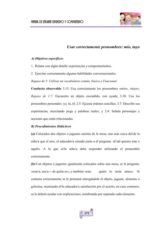 Manual de lenguaje expresivo y comprensivo
172
Usar correctamente pronombres: mío, tuyo
A) Objetivos específicos
1. Relatar con algún detalle experiencias y comportamientos.
2. Ejercitar correctamente algunas habilidades conversacionales.
Repaso de 5: Utilizar un vocabulario común, básico y Funcional.
Conducta observable 3.13: Usa correctamente los pronombres «mío», «tuyo».
Repaso de 1.7: Encuentra un objeto escondido, con ayuda; 3.10: Usa los
pronombres personales: yo, tú, él; 2.5: Ejecuta órdenes sencillas; 3.7: Describe sus
experiencias, mezclando jerga y palabras reales; y 2.4: Señala personajes y
acciones que están relacionadas.
B) Procedimientos Didácticos
(a) Colocados dos objetos o juguetes encima de la mesa, uno más cerca del/de la
niño/a que el otro, el educador/a situado junto a él pregunta: «Cuál quieres éste o
aquél». A lo que el/la niño/a debe responder utilizando el pronombre
correctamente.
(b) Con objetos o juguetes igualmente colocados sobre una mesa, se le pregunta:
«este/a, ese/a--- de quién es», y también «esto quién lo tenía antes». Si
contesta correctamente se le premiará entregándole el objeto, juguete, alimento o
golosina, mostrando el/la educador/a satisfacción por el acierto; en caso contrario,
se le deberá ayudar con explicaciones, nombrando por separado cada elemento.
 