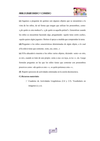 Manual de lenguaje expresivo y comprensivo
173
(e) Jugamos a preguntar de quiénes son algunos objetos que se encuentran a la
vista de los niños, de tal forma que tengan que utilizar los pronombres, como:
«¿de quién es esta muñeca?», «¿de quién es-aquella pelota?». Generalizar cuando
los niños se encuentran haciendo algo, preguntando: «quién tiene cierto coche»,
«quién quiere algún juguete». Retirar el apoyo a medida que comprenden la tarea.
(d) Preguntar a los niños características determinadas de algún objeto, a lo cual
el/la niño/a tiene que contestar, «este, ese, estos...»
(e) El/la educador/a muestra a los niños varios objetos, diciendo: «este---es mío,
es mi», cuando se trate de uno propio; «esta o esa---es tuya, es tu---». etc. Luego
formular preguntas en las que los niños tienes que contestar con pronombres
posesivos como: «de quién es este---», «a quién pertenece esta---»..
(f) Repetir ejercicios de actividades entrenadas en la sesión decimoctava.
C) Recursos materiales
 Cuaderno de Actividades Lingüísticas (2.4 y 2.5). Vocabulario en
imágenes (c y e).
 
