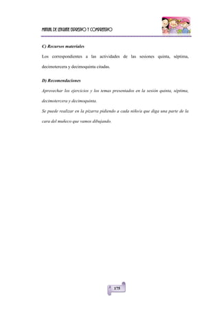 Manual de lenguaje expresivo y comprensivo
175
C) Recursos materiales
Los correspondientes a las actividades de las sesiones quinta, séptima,
decimotercera y decimoquinta citadas.
D) Recomendaciones
Aprovechar los ejercicios y los temas presentados en la sesión quinta, séptima,
decimotercera y decimoquinta.
Se puede realizar en la pizarra pidiendo a cada niño/a que diga una parte de la
cara del muñeco que vamos dibujando.
 