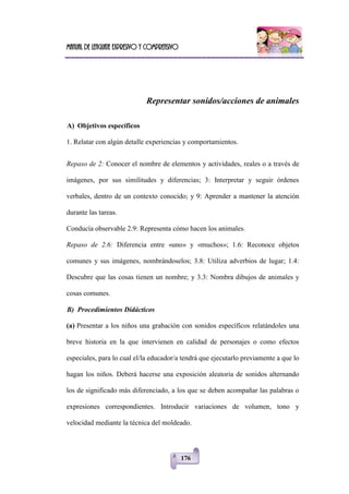 Manual de lenguaje expresivo y comprensivo
176
Representar sonidos/acciones de animales
A) Objetivos específicos
1. Relatar con algún detalle experiencias y comportamientos.
Repaso de 2: Conocer el nombre de elementos y actividades, reales o a través de
imágenes, por sus similitudes y diferencias; 3: Interpretar y seguir órdenes
verbales, dentro de un contexto conocido; y 9: Aprender a mantener la atención
durante las tareas.
Conducía observable 2.9: Representa cómo hacen los animales.
Repaso de 2.6: Diferencia entre «uno» y «muchos»; 1.6: Reconoce objetos
comunes y sus imágenes, nombrándoselos; 3.8: Utiliza adverbios de lugar; 1.4:
Descubre que las cosas tienen un nombre; y 3.3: Nombra dibujos de animales y
cosas comunes.
B) Procedimientos Didácticos
(a) Presentar a los niños una grabación con sonidos específicos relatándoles una
breve historia en la que intervienen en calidad de personajes o como efectos
especiales, para lo cual el/la educador/a tendrá que ejecutarlo previamente a que lo
hagan los niños. Deberá hacerse una exposición aleatoria de sonidos alternando
los de significado más diferenciado, a los que se deben acompañar las palabras o
expresiones correspondientes. Introducir variaciones de volumen, tono y
velocidad mediante la técnica del moldeado.
 