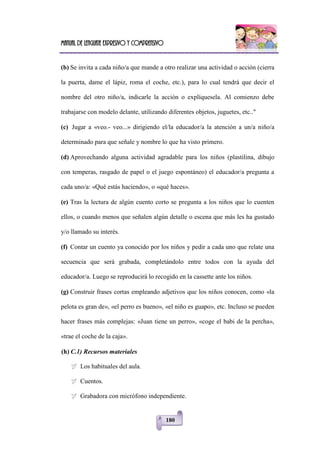 Manual de lenguaje expresivo y comprensivo
180
(b) Se invita a cada niño/a que mande a otro realizar una actividad o acción (cierra
la puerta, dame el lápiz, roma el coche, etc.), para lo cual tendrá que decir el
nombre del otro niño/a, indicarle la acción o explíquesela. Al comienzo debe
trabajarse con modelo delante, utilizando diferentes objetos, juguetes, etc.."
(c) Jugar a «veo.- veo...» dirigiendo el/la educador/a la atención a un/a niño/a
determinado para que señale y nombre lo que ha visto primero.
(d) Aprovechando alguna actividad agradable para los niños (plastilina, dibujo
con temperas, rasgado de papel o el juego espontáneo) el educador/a pregunta a
cada uno/a: «Qué estás haciendo», o «qué haces».
(e) Tras la lectura de algún cuento corto se pregunta a los niños que lo cuenten
ellos, o cuando menos que señalen algún detalle o escena que más les ha gustado
y/o llamado su interés.
(f) Contar un cuento ya conocido por los niños y pedir a cada uno que relate una
secuencia que será grabada, completándolo entre todos con la ayuda del
educador/a. Luego se reproducirá lo recogido en la cassette ante los niños.
(g) Construir frases cortas empleando adjetivos que los niños conocen, como «la
pelota es gran de», «el perro es bueno», «el niño es guapo», etc. Incluso se pueden
hacer frases más complejas: «Juan tiene un perro», «coge el babi de la percha»,
«trae el coche de la caja».
(h) C.1) Recursos materiales
 Los habituales del aula.
 Cuentos.
 Grabadora con micrófono independiente.
 