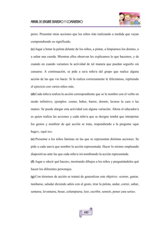 Manual de lenguaje expresivo y comprensivo
182
perro. Presentar otras acciones que los niños irán realizando a medida que vayan
comprendiendo su significado.
(c) Jugar a botar la pelota delante de los niños, a pintar, a limpiarnos los dientes, o
a saltar una cuerda. Mientras ellos observan les explicamos lo que hacemos, y de
cuando en cuando variamos la actividad de tal manera que puedan seguirlo sin
cansarse. A continuación, se pide a un/a niño/a del grupo que realice alguna
acción de las que vio hacer. Si la realiza correctamente le felicitamos, repitiendo
el ejercicio con varios niños más.
(d)Cada niño/a realiza la acción correspondiente que se le nombre con el verbo en
modo infinitivo, ejemplos: comer, beber, barrer, dormir, lavarse la cara o las
manos. Se puede alargar esta actividad con alguna variación. Ahora el educador/a
es quien realiza las acciones y cada niño/a que se designe tendrá que interpretar
los gestos y nombrar de qué acción se trata, respondiendo a la pregunta «que
hago», «qué es».
(e) Presentar a los niños láminas en las que se representan distintas acciones. Se
pide a cada uno/a que nombre la acción representada. Hacer lo mismo empleando
diapositivas ante las que cada niño/a irá nombrando la acción representada.
(f) Jugar a «decir qué hacen», mostrando dibujos a los niños y preguntándoles qué
hacen los diferentes personajes.
(g) Con términos de acción se tratará de generalizar este objetivo: «correr, gatear,
tumbarse, saludar diciendo adiós con el gesto, tirar la pelota, andar, correr, saltar,
sentarse, levantarse, besar, columpiarse, leer, escribir, sonreír, poner cara seria».
 