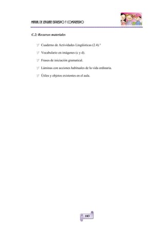Manual de lenguaje expresivo y comprensivo
183
C.2) Recursos materiales
 Cuaderno de Actividades Lingüísticas (2.4).°
 Vocabulario en imágenes (c y d).
 Frases de iniciación gramatical.
 Láminas con acciones habituales de la vida ordinaria.
 Útiles y objetos existentes en el aula.
 