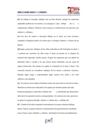 Manual de lenguaje expresivo y comprensivo
185
(b) Se trabaja el concepto «debajo» por ser bien distinta, aunque los materiales
empleados podrían ser los mismos. La consigna es: «pon debajo de---», o
simplemente «debajo». Realizar varios ensayos y combinaciones de ejercicios con
«dentro» y «debajo».
(c) Con aros de colores o haciendo dibujos en el suelo con tizas (círculos,
cuadrados, triángulos) pedir a los niños que se coloquen «dentro» o «fuera» de las
figuras.
(d) Jugar a pasar por «debajo» de las sillas colocadas en fila formando un túnel, o
a caminar por «encima» de ellas como si fuera un puente (si se dispone de
material más adecuado, mucho mejor). Elogiar las respuestas que van dando los
diferentes niños y ayudar a los que tienen mayor dificultad, sea por causa de
alguna minusvalía. Sea porque no captan el contenido de la tarea a hacer. Una
variación consiste en esconderse «debajo» de las mesas o colocarse «encima».
Ideando algún juego o representando algún cuento («La cabra y los siete
cabritos», por ejemplo).
(e) Se colocan varios objetos familiares sobre una mesa ante la vista de los niños.
Mientras los observan el educador/a los reparte por distintos puntos del aula.
Entonces preguntar a cada niño/a «dónde está », advirtiendo que únicamente
debe decir la expresión locativa correspondiente. Al comienzo de estos ejercicios
se apoya la respuesta deseada: «dentro» o «dentro de», o «debajo de».
(f) Cuando el/la niño/a responde correctamente en ensayos alternos (debajo,
dentro, fuera), se puede empezar el entrenamiento de generalización enseñando
nuevas frases como «delante» y «detrás», utilizando los mismos procedimientos.
 