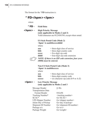 The format for the ^FD instruction is:
^FD<hpm><lpm>
where
^FD = Field Data
<hpm> = High Priority Message
(only applicable in Modes 2 and 3)
Valid characters are 0123456789, except where noted.
US Style Postal Code (Mode 2)
<hpm> is aaabbbcccccdddd
where
aaa = three-digit class of service
bbb = three-digit country code
ccccc = five-digit zip code
dddd = four-digit zip code extension
NOTE: If there is no ZIP code extension, four zeros
(0000) must be entered.
Non-US Style Postal Code (Mode 3)
<hpm> is aaabbbcccccc
where
aaa = three-digit class of service
bbb = three-digit country code
cccccc = six-character zip code (0-9 or A-Z)
<lpm> = Low Priority Message
(only applicable in Modes 2 and 3
Message Header [)>Rs
Transportation Data
Format Header 01Gs96
Tracking Number* <tracking number>
SCAC* Gs<SCAC>
UPS Shipper Number Gs<shipper number>
Julian Day of Pickup Gs<day of pickup>
Shipment ID Number Gs<shipment ID number>
Package n/x Gs<n/x>
Package Weight Gs<weight>
136 ZPL II COMMAND REFERENCE
 