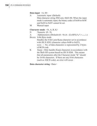 Data input <A, M>
A Automatic input (Default)
Data character string JIS8 unit, Shift JIS. When the input
mode is automatic input, the binary codes of 0x80 to 0x9F
and 0xE0 to 0xFF cannot be set.
M Manual input
Character mode <N, A, B, K>
N Numeric (0 - 9)
A Alphanumeric (Default) (0 - 9) (A - Z) (SP,$,%,*,+,-,.,/,:)
Bxxxx 8-bit Byte mode
Handles the 8-bit Latin/Kana character set in accordance
with JIS X 0201 (character values 0x00 to 0xFF).
xxxx -- No. of data characters is represented by 2 bytes
of BCD code
K Kanji - Only handles Kanji characters in accordance with
the Shift JIS system based on JIS X 0208. This means
that all parameters after the Character mode “K” should
be 16-bit characters. If there are any 8-bit characters
(such as ASCII code), an error will occur.
Data character string <Data>
158 ZPL II COMMAND REFERENCE
 