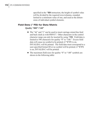 specified in the ^BD instruction, the height of symbol value
will be divided by the required rows/columns, rounded,
limited to a minimum value of one, and used as the dimen-
sions of individual symbol elements.
Field Data (^FD) for Data Matrix
Quality “000”-“140”
n The “&” and “||” can be used to insert carriage return/line feed
and back slash as with PDF417. Other characters in the control
character range can only be inserted by using ^FH. Field data is
limited to 596 characters for quality “0” to “140.” Excess field
data will cause no symbol to be printed; if ^CVY is on,
INVALID-L will be printed. The field data must correspond to a
user-specified format ID or no symbol will be printed; if ^CVY
is on, INVALID-C will be printed.
n The maximum field sizes for quality “0” to “140” symbols are
shown in the following table:
172 ZPL II COMMAND REFERENCE
 