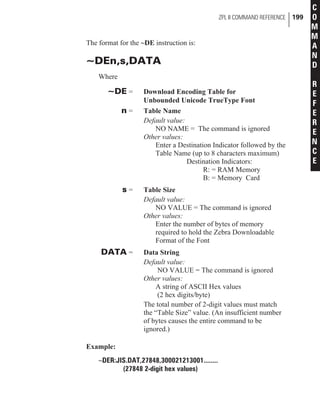 The format for the ~DE instruction is:
~DEn,s,DATA
Where
~DE = Download Encoding Table for
Unbounded Unicode TrueType Font
n = Table Name
Default value:
NO NAME = The command is ignored
Other values:
Enter a Destination Indicator followed by the
Table Name (up to 8 characters maximum)
Destination Indicators:
R: = RAM Memory
B: = Memory Card
s = Table Size
Default value:
NO VALUE = The command is ignored
Other values:
Enter the number of bytes of memory
required to hold the Zebra Downloadable
Format of the Font
DATA = Data String
Default value:
NO VALUE = The command is ignored
Other values:
A string of ASCII Hex values
(2 hex digits/byte)
The total number of 2-digit values must match
the “Table Size” value. (An insufficient number
of bytes causes the entire command to be
ignored.)
Example:
~DER:JIS.DAT,27848,300021213001........
(27848 2-digit hex values)
ZPL II COMMAND REFERENCE 199
C
O
M
M
A
N
D
R
E
F
E
R
E
N
C
E
 