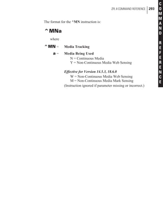 The format for the ^MN instruction is:
^MNa
where
^MN = Media Tracking
a = Media Being Used
N = Continuous Media
Y = Non-Continuous Media Web Sensing
Effective for Version 14.5.3, 18.6.0
W = Non-Continuous Media Web Sensing
M = Non-Continuous Media Mark Sensing
(Instruction ignored if parameter missing or incorrect.)
ZPL II COMMAND REFERENCE 293
C
O
M
M
A
N
D
R
E
F
E
R
E
N
C
E
 