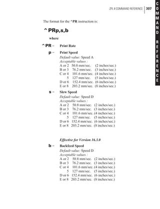 The format for the ^PR instruction is:
^PRp,s,b
where
^PR = Print Rate
p = Print Speed
Default value: Speed A
Acceptable values :
A or 2 50.8 mm/sec. (2 inches/sec.)
B or 3 76.2 mm/sec. (3 inches/sec.)
C or 4 101.6 mm/sec. (4 inches/sec.)
5 127 mm/sec. (5 inches/sec.)
D or 6 152.4 mm/sec. (6 inches/sec.)
E or 8 203.2 mm/sec. (8 inches/sec.)
s = Slew Speed
Default value: Speed D
Acceptable values :
A or 2 50.8 mm/sec. (2 inches/sec.)
B or 3 76.2 mm/sec. (3 inches/sec.)
C or 4 101.6 mm/sec. (4 inches/sec.)
5 127 mm/sec. (5 inches/sec.)
D or 6 152.4 mm/sec. (6 inches/sec.)
E or 8 203.2 mm/sec. (8 inches/sec.)
Effective for Version 16.3.0
b = Backfeed Speed
Default value: Speed D
Acceptable values :
A or 2 50.8 mm/sec. (2 inches/sec.)
B or 3 76.2 mm/sec. (3 inches/sec.)
C or 4 101.6 mm/sec. (4 inches/sec.)
5 127 mm/sec. (5 inches/sec.)
D or 6 152.4 mm/sec. (6 inches/sec.)
E or 8 203.2 mm/sec. (8 inches/sec.)
ZPL II COMMAND REFERENCE 307
C
O
M
M
A
N
D
R
E
F
E
R
E
N
C
E
 