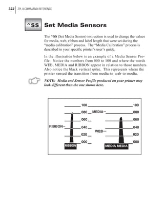 Set Media Sensors
The ^SS (Set Media Sensor) instruction is used to change the values
for media, web, ribbon and label length that were set during the
“media calibration” process. The “Media Calibration” process is
described in your specific printer’s user’s guide.
In the illustration below is an example of a Media Sensor Pro-
file. Notice the numbers from 000 to 100 and where the words
WEB, MEDIA and RIBBON appear in relation to those numbers.
Also notice the black vertical spike. This represents where the
printer sensed the transition from media-to-web-to-media.
NOTE: Media and Sensor Profile produced on your printer may
look different than the one shown here.
322 ZPL II COMMAND REFERENCE
^SS
 