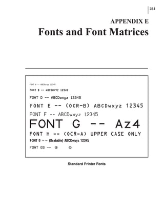 351
APPENDIX E
Fonts and Font Matrices
Standard Printer Fonts
 