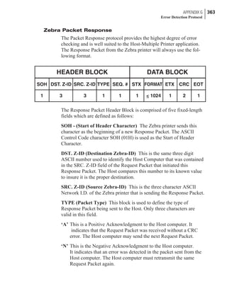 Zebra Packet Response
The Packet Response protocol provides the highest degree of error
checking and is well suited to the Host-Multiple Printer application.
The Response Packet from the Zebra printer will always use the fol-
lowing format.
The Response Packet Header Block is comprised of five fixed-length
fields which are defined as follows:
SOH - (Start of Header Character) The Zebra printer sends this
character as the beginning of a new Response Packet. The ASCII
Control Code character SOH (01H) is used as the Start of Header
Character.
DST. Z-ID (Destination Zebra-ID) This is the same three digit
ASCII number used to identify the Host Computer that was contained
in the SRC. Z-ID field of the Request Packet that initiated this
Response Packet. The Host compares this number to its known value
to insure it is the proper destination.
SRC. Z-ID (Source Zebra-ID) This is the three character ASCII
Network I.D. of the Zebra printer that is sending the Response Packet.
TYPE (Packet Type) This block is used to define the type of
Response Packet being sent to the Host. Only three characters are
valid in this field.
‘A’ This is a Positive Acknowledgment to the Host computer. It
indicates that the Request Packet was received without a CRC
error. The Host computer may send the next Request Packet.
‘N’ This is the Negative Acknowledgment to the Host computer.
It indicates that an error was detected in the packet sent from the
Host computer. The Host computer must retransmit the same
Request Packet again.
APPENDIX G 363
Error Detection Protocol
 