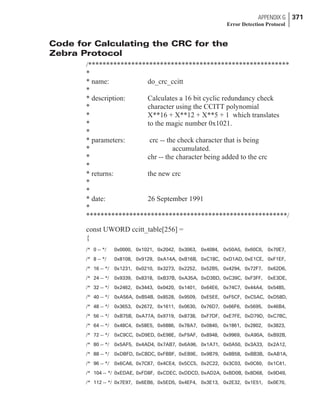 Code for Calculating the CRC for the
Zebra Protocol
/********************************************************
*
* name: do_crc_ccitt
*
* description: Calculates a 16 bit cyclic redundancy check
* character using the CCITT polynomial
* X**16 + X**12 + X**5 + 1 which translates
* to the magic number 0x1021.
*
* parameters: crc -- the check character that is being
* accumulated.
* chr -- the character being added to the crc
*
* returns: the new crc
*
*
* date: 26 September 1991
*
********************************************************/
const UWORD ccitt_table[256] =
{
/* 0 -- */ 0x0000, 0x1021, 0x2042, 0x3063, 0x4084, 0x50A5, 0x60C6, 0x70E7,
/* 8 -- */ 0x8108, 0x9129, 0xA14A, 0xB16B, 0xC18C, 0xD1AD, 0xE1CE, 0xF1EF,
/* 16 -- */ 0x1231, 0x0210, 0x3273, 0x2252, 0x52B5, 0x4294, 0x72F7, 0x62D6,
/* 24 -- */ 0x9339, 0x8318, 0xB37B, 0xA35A, 0xD3BD, 0xC39C, 0xF3FF, 0xE3DE,
/* 32 -- */ 0x2462, 0x3443, 0x0420, 0x1401, 0x64E6, 0x74C7, 0x44A4, 0x5485,
/* 40 -- */ 0xA56A, 0xB54B, 0x8528, 0x9509, 0xE5EE, 0xF5CF, 0xC5AC, 0xD58D,
/* 48 -- */ 0x3653, 0x2672, 0x1611, 0x0630, 0x76D7, 0x66F6, 0x5695, 0x46B4,
/* 56 -- */ 0xB75B, 0xA77A, 0x9719, 0x8738, 0xF7DF, 0xE7FE, 0xD79D, 0xC7BC,
/* 64 -- */ 0x48C4, 0x58E5, 0x6886, 0x78A7, 0x0840, 0x1861, 0x2802, 0x3823,
/* 72 -- */ 0xC9CC, 0xD9ED, 0xE98E, 0xF9AF, 0x8948, 0x9969, 0xA90A, 0xB92B,
/* 80 -- */ 0x5AF5, 0x4AD4, 0x7AB7, 0x6A96, 0x1A71, 0x0A50, 0x3A33, 0x2A12,
/* 88 -- */ 0xDBFD, 0xCBDC, 0xFBBF, 0xEB9E, 0x9B79, 0x8B58, 0xBB3B, 0xAB1A,
/* 96 -- */ 0x6CA6, 0x7C87, 0x4CE4, 0x5CC5, 0x2C22, 0x3C03, 0x0C60, 0x1C41,
/* 104 -- */ 0xEDAE, 0xFD8F, 0xCDEC, 0xDDCD, 0xAD2A, 0xBD0B, 0x8D68, 0x9D49,
/* 112 -- */ 0x7E97, 0x6EB6, 0x5ED5, 0x4EF4, 0x3E13, 0x2E32, 0x1E51, 0x0E70,
APPENDIX G 371
Error Detection Protocol
 