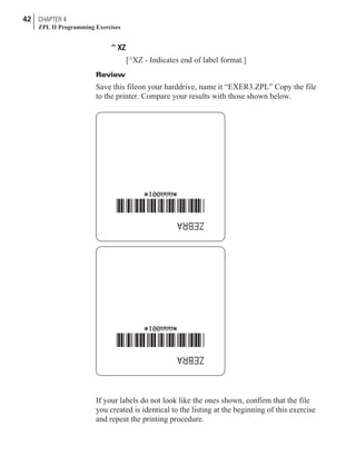 ^XZ
[^XZ - Indicates end of label format.]
Review
Save this fileon your harddrive, name it “EXER3.ZPL” Copy the file
to the printer. Compare your results with those shown below.
If your labels do not look like the ones shown, confirm that the file
you created is identical to the listing at the beginning of this exercise
and repeat the printing procedure.
42 CHAPTER 4
ZPL II Programming Exercises
 