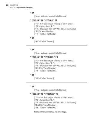 ^XA
[^XA - Indicates start of label format.]
^FO20,10^AF^FVCUBS^FS
[^FO - Set field origin relative to label home. ]
[^AF - Select font “F.”]
[^FV - Indicates start of VARIABLE field data.]
[CUBS- Variable data.]
[^FS - End of field data.]
^XZ
[^XZ - End of format.]
^XA
[^XA - Indicates start of label format.]
^FO20,10^AF^FVBULLS^FS
[^FO - Set field origin relative to label home. ]
[^AF - Select font “F.”]
[^FV - Indicates start of VARIABLE field data.]
[BULLS - Variable data.]
[^FS - End of field data.]
^XZ
[^XZ - End of format.]
^XA
[^XA - Indicates start of label format.]
^FO20,10^AF^FVBEARS^FS
[^FO - Set field origin relative to label home. ]
[^AF - Select font “F.”]
[^FV - Indicates start of VARIABLE field data.]
[BEARS - Variable data.]
[^FS - End of field data.]
Instructions continued on next page.
60 CHAPTER 4
ZPL II Programming Exercises
 