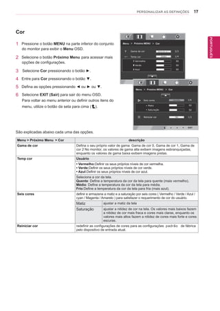 17
PTPORTUGUÊS
PERSONALIZAR AS DEFINIÇÕES
Menu > Próximo Menu > Cor descrição
Gama de cor Defina o seu próprio valor de gama: Gama de cor 0, Gama de cor 1, Gama de
cor 2 No monitor, os valores de gama alta exibem imagens esbranquiçadas,
enquanto os valores de gama baixa exibem imagens pretas.
Temp cor Usuário
• Vermelho:Definir os seus próprios níveis de cor vermelha.
• Verde:Definir os seus próprios níveis de cor verde.
• Azul:Definir os seus próprios níveis de cor azul.
Seleciona a cor da tela.
Quente: Define a temperatura da cor da tela para quente (mais vermelho).
Médio: Define a temperatura da cor da tela para média.
Frio:Define a temperatura da cor da tela para fria (mais azul).
Seis cores definir e armazena a matiz e a saturação por seis cores ( Vermelho / Verde / Azul /
cyan / Magenta / Amarelo ) para satisfazer o requerimento de cor do usuário.
Matiz ajustar a matiz da tela
Saturação ajustar a nitidez de cor na tela. Os valores mais baixos fazem
a nitidez de cor mais fraca e cores mais claras, enquanto os
valores mais altos fazem a nitidez de cores mais forte e cores
escuras.
Reiniciar cor redefinir as configurações de cores para as configurações padrão de fábrica
pelo dispositivo de entrada atual.
São explicadas abaixo cada uma das opções.
Cor
1 Pressione o botão MENU na parte inferior do conjunto
do monitor para exibir o Menu OSD.
2 Selecione o botão Próximo Menu para acessar mais
opções de configurações.
3 Selecione Cor pressionando o botão ►.
4 Entre para Cor pressionando o botão ▼.
5 Defina as opções pressionando ◄ ou ► ou ▼.
6 Selecione EXIT (Sair) para sair do menu OSD.
Para voltar ao menu anterior ou definir outros itens do
menu, utilize o botão da seta para cima ( ).
 