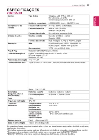 27
PTPORTUGUÊS
ESPECIFICAÇÕES
ESPECIFICAÇÕES
Monitor Tipo de tela Tela plana LCD TFT de 54,6 cm
Revestimento anti-brilho
Tamanho diagonal visível: 54,6 cm
Distância entre pixels 0,08265*RGB(H) mm x 0,24795(V) mm
Sincronização de
entrada
Frequência horizontal 30 kHz a 83 kHz (Automática)
Frequência vertical 56Hz a 75Hz (D-SUB)
56Hz a 61Hz (HDMI)
Formato de entrada Sincronização separada digital
Entrada de vídeo Sinal de entrada Conector D-SUB de 15 pinos
Conector HDMI
Formato de entrada RGB Analógica (0,7 Vp-p/ 75 ohm), Digital
Resolução Máx. D-SUB(Analógica) : 1920 x 1080 @ 60 Hz
HDMI (Digital) : 1920 x 1080 @ 60 Hz
Recomendada VESA 1920 x 1080 @ 60 Hz
Plug & Play DDC2AB / DDC2B (Analógico, HDMI)
Consumo energético Ligado: 24 W(Norma de ENERGY STAR®) * típica
Modo de espera ≤ 0,3 W
Desligado ≤ 0,3 W
Potência de alimentação 19 V 1,3 A
Transformador CA/CC Tipo ADS-40FSG-19 19025GPBR-1, fabricado por SHENZHEN HONOR ELECTRONIC
Saída : 19 V 1,3 A
Dimensões
(Largura x Altura x
Profundidade)
Incluindo suporte 50,8 cm x 42,0 cm x 18,8 cm
Excluindo suporte 50,8 cm x 31,2 cm x 5,5 cm
Peso 2,8 kg
Ângulo de inclinação -3° a 20°
Condições
ambientais
Temperatura de
funcionamento
Umidade de
funcionamento
10°C a 35 °C
10% a 80%
Temperatura de
armazenamento
Umidade de
armazenamento
-20°C a 60 °C
5 % a 90 % sem condensação
Base do suporte Fixo ( ), Removível (O)
Cabo de alimentação Tipo de tomada de parede
As especificações do produto acima indicadas podem ser alteradas sem aviso prévio devido à atualização
das funções do produto.
* O nível de consumo de energia pode ser diferente por condição de operação e configuração de monitor.
* O consumo de energia do modo On é medido com a norma de teste de ENERGY STAR®.
* ENERGY STAR® é uma marca registrada da Agência de Proteção Ambiental dos EUA.
22MP55HQ
 