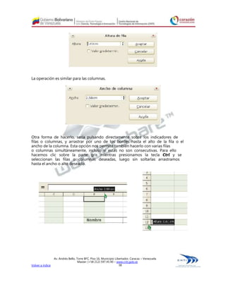 La operación es similar para las columnas.




Otra forma de hacerlo, sería pulsando directamente sobre los indicadores de
filas o columnas, y arrastrar por uno de los bordes hasta el alto de la fila o el
ancho de la columna. Esta opción nos permite también hacerlo con varias filas
o columnas simultáneamente, incluso si estas no son consecutivas. Para ello
hacemos clic sobre la parte gris mientras presionamos la tecla Ctrl y se
seleccionan las filas o columnas deseadas, luego sin soltarlas arrastramos
hasta el ancho o alto deseado.




                  Av. Andrés Bello, Torre BFC, Piso 16, Municipio Libertador, Caracas – Venezuela
                                     Master: (+58 212) 597.45.90 – www.cnti.gob.ve
Volver a índice                                                      38
 