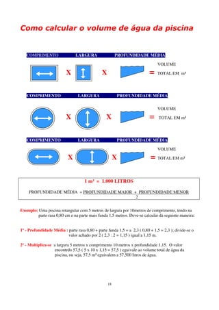 Como calcular o volume de água da piscina

                           Compri X                     Largura
   COMPRIMENTO                  LARGURA                 PROFUNDIDADE MÉDIA

                                                                               VOLUME

                          X                    X                           =   TOTAL EM m³




   COMPRIMENTO                   LARGURA                PROFUNDIDADE MÉDIA


                                                                               VOLUME

                          X                       X                        =    TOTAL EM m³




   COMPRIMENTO                   LARGURA                PROFUNDIDADE MÉDIA

                                                                               VOLUME

                           X                            X   =              = TOTAL EM m³

                                     1 m³ = 1.000 LITROS

     PROFUNDIDADE MÉDIA = PROFUNDIDADE MAIOR + PROFUNDIDADE MENOR
                                              2


Exemplo: Uma piscina retangular com 5 metros de largura por 10metros de comprimento, tendo na
         parte rasa 0,80 cm e na parte mais funda 1,5 metros. Deve-se calcular da seguinte maneira:


1º - Profundidade Média : parte rasa 0,80 + parte funda 1,5 = a 2,3 ( 0,80 + 1,5 = 2,3 ); divide-se o
                          valor achado por 2 ( 2,3 : 2 = 1,15 ) igual a 1,15 m.

2º - Multiplica-se a largura 5 metros x comprimento 10 metros x profundidade 1,15. O valor
                    encontrdo 57,5 ( 5 x 10 x 1,15 = 57,5 ) eguivale ao volume total de água da
                    piscina, ou seja, 57,5 m³ eguivalem a 57,500 litros de água.




                                                   18
 