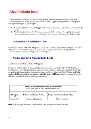 Alcalinidade total

Alcalinidade total é a medida da capacidade de água em resistir a grandes variações de pH. Se a
Alcalinidade total não estiver na faixa ideal, que é de 80 a 120 ppm (partes por milhão) , isso poderá
causar problemas para se ajustar o pH.

     1. A Alcalinidade total abaixo de 80 ppm pode corroer e danificar os acessórios e equipamentos da
        piscina.
     2. Alcalinidade total acima de 120 ppm pode causar turbidez na água e formação de incrustações
        brancas, cinzentas ou marrons nos tubos e em outras partes do sistema de circulação de água.



       Como medir a Alcalinidade Total

Utilizando o produto Fita Teste. Mergulhe a fita na água e remova imediatamente. Segure a fita por 15
segundos ( não chacoalhe o excesso de água na fita ). Compare a cor da fita correspondente à
Alcalinidade total com as cores impressas na embalagem.


       Como ajustar a Alcalinidade Total

Alcalinidade Total Baixa (abaixo de 80 ppm )

Para elevar a Alcalinidade da água, verifique a dosagem necessária de Elevador de Alcalinidade na
tabela abaixo. Num balde plástico com água da piscina, adicionar e misturar a quantidade de Elevador
de Alcalinidade calculada com a ajuda da tabela e espalhar por toda a superfície. Colocar a válvula
seletora do filtro na posição circular ou recircular por 6 a 12 horas, Medir novamente. Caso não
obtenha o resultado desejado, repetir o procedimento.




                       Tabela de dosagem de Elevador de Alcalinidade
                        (cada 1000 litros de água correspondem a 1m³ )


     Dosagem         Colocar o Filtro na Posição        Tempo Funcionamento do Filtro
        17
     gramas/m³          Circular ou Recircular                     6 horas (mínimo)


OBS: Esta dosagem aumentará a Alcalinidade Total em aproximadamente 10 ppm.




20
 