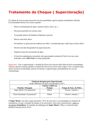 Tratamento de Choque ( Supercloração)

É a adição de cloro na água da piscina em uma quantidade superior àquela normalmente utilizada.
É recomendado utilizar esse recurso quando:

   -   Houver contaminação da água ( animais mortos, fezes, etc. )

   -   Ocorrerem períodos de extremo calor

   -   Um grande número de banhistas freqüentar a piscina

   -   Houver uma forte chuva

   -   Os banhistas se queixarem de ardência nos olhos ( considerando que o pH esteja na faixa ideal )

   -   Ocorrer um odor desagradável na água da piscina

   -   Surgirem sinais de crescimento de algas

   -   O cloro for rapidamente consumido, não apresentando residual de Cloro Livre nos testes
       realizados com a Fita Teste ou estojo apropriado


Importante: Com a supercloração, o residual de Cloro Livre deverá subir além da faixa recomendada.
Utilizar a piscina somente quando o residual de Cloro Livre estiver entre 4 ppm. Caso o residual esteja
abaixo da faixa recomendada, realizar novamente a supercloração, principalmente no caso de
contaminação.




                              Tabela de dosagem para Supercloração
                           (Cada 1000 litros de água correspondem a 1m³ )
                                            Colocar o Filtro na
           Produto / Dosagem                      Posição            Tempo de Func. do Filtro
        Super Shock 12,5 gramas/m³                 Filtrar                6 horas ( mínimo )

       Cloro Granulado 14 gramas/m³                     Filtrar              6 horas ( mínimo )


O Super Shock é um cloro superconcentrdo ( 70 % de cloro ativo ) recomendado em situações de
emergência, em que a cloração de choque se faz necessária. Tem como características a ação e a
dissolução instantânea. O conteúdo da embalagem de Super Shock ( 500 g ) é suficiente para
purificar uma piscina de 40 m³.




                                                   26
 
