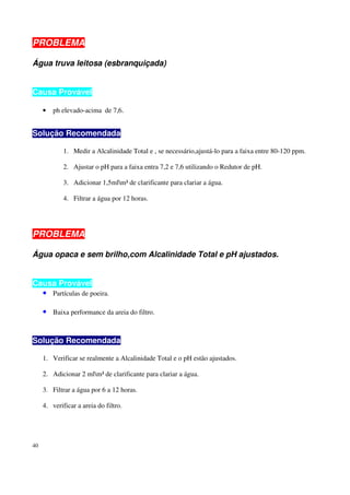 PROBLEMA

Água truva leitosa (esbranquiçada)


Causa Provável

     •   ph elevado-acima de 7,6.


Solução Recomendada

             1. Medir a Alcalinidade Total e , se necessário,ajustá-lo para a faixa entre 80-120 ppm.

             2. Ajustar o pH para a faixa entra 7,2 e 7,6 utilizando o Redutor de pH.

             3. Adicionar 1,5mlm³ de clarificante para clariar a água.

             4. Filtrar a água por 12 horas.




PROBLEMA

Água opaca e sem brilho,com Alcalinidade Total e pH ajustados.


Causa Provável
  • Partículas de poeira.

     • Baixa performance da areia do filtro.


Solução Recomendada

     1. Verificar se realmente a Alcalinidade Total e o pH estão ajustados.

     2. Adicionar 2 mlm³ de clarificante para clariar a água.

     3. Filtrar a água por 6 a 12 horas.

     4. verificar a areia do filtro.




40
 
