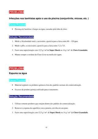 PROBLEMA

Infecções nos banhistas após o uso da piscina (conjuntivite, micose, etc. )

Causa Provável
  •   Presença de bactérias e fungos na água, causadas pela falta de cloro.



Solução Recomendada
  1. Medir a Alcalinidade total e, necessário, ajustá-la para a faixa entre 80 – 120 ppm.

  2. Medir o pH e, se necessário, ajustá-lo para a faixa entre 7,2 e 7,6 .

  3. Fazer uma supercloraçâo com 12,5 g / m³ de Super Shock ou 14 g / m³ de Cloro Granulado.

  4. Manter sempre o residual de Cloro Livre na media de 4 ppm.




PROBLEMA
Espuma na água


Causa Provável

  •   Material orgânico ou produtos químicos fora dos padrões normais de comercialização.

  •   Excesso de produto químico utilizado para o tratamento.


Solução Recomendada


  1. Utilizar somente produtos que estejam dentro dos padrões de comercialização.

  2. Remover a espuma da superfície com a peneira, envolta em um pano.

  3. Fazer uma supercloração com 12,5 g / m³ de Super Shock ou 14 g / m³ de Cloro Granulado.




                                               45
 