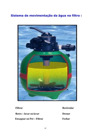 Sistema de movimentação da água no filtro :




F                                      SSSS


      Filtrar                                 Recircular

      Retro – lavar ou lavar                  Drenar

      Enxaguar ou Pré – Filtrar               Fechar


                                  09
 