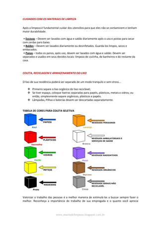 www.maniadelimpeza.blogspot.com.br
CUIDADOS COM OS MATERIAIS DE LIMPEZA
Após a limpeza é fundamental cuidar dos utensílios para que eles não se contaminem e tenham
maior durabilidade.
• Escovas – Devem ser lavadas com água e sabão diariamente após o uso e postas para secar
com cerdas para baixo.
• Baldes – Devem ser lavados diariamente ou desinfetados. Guarda-los limpos, secos e
embocados.
• Panos – todos os panos, após uso, devem ser lavados com água e sabão. Devem ser
separados e usados em seus devidos locais: limpeza de cozinha, de banheiros e do restante da
casa.
COLETA, RECICLAGEM E ARMAZENAMENTO DO LIXO
O lixo de sua residência poderá ser separado de um modo tranquilo e sem stress...
 Primeiro separe o lixo orgânico do lixo reciclável;
 Se tiver espaço, coloque lixeiras separadas para papéis, plásticos, metais e vidros; ou
então, simplesmente separe orgânicos, plásticos e papéis.
 Lâmpadas, Pilhas e baterias devem ser descartadas separadamente.
TABELA DE CORES PARA COLETA SELETIVA
Valorizar o trabalho das pessoas é a melhor maneira de estimulá-las a buscar sempre fazer o
melhor. Reconheça a importância do trabalho de sua empregada e o quanto você aprecia
 