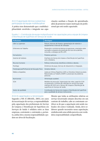 AGÊNCIA NACIONAL DE VIGILÂNCIA SANITÁRIA - ANVISA




4.6.3 Capacitação técnica e preventiva:                       citações auxiliam a fixação do aprendizado,
participação da equipe multidisciplinar                       além de promover maior motivação do profis-
A prática tem demonstrado que a multidisci-                   sional que está sendo capacitado.
plinaridade envolvida e integrada nas capa-

Quadro 1 – Contribuição da equipe multiprofissional nas capacitações para a equipe de Limpeza
e Desinfecção de Superfícies em Serviços de Saúde.

 Profissionais                                     Abordagens

 Líder ou supervisor                               Postura; técnicas de limpeza; apresentação de materiais e
                                                   equipamentos e técnicas de utilização.

 Enfermeiro do Trabalho                            Prevenção e controle de doenças ocupacionais; orientação sobre
                                                   vacinação e programa de prevenção de riscos de acidentes,
                                                   incluindo a utilização de EPI e EPC.

 Farmacêutico                                      Produtos químicos.

 Gerente de hotelaria                              Interfaces do Serviço de Limpeza e Desinfecção de Superfícies
                                                   com a Hotelaria.

 Recursos humanos                                  Políticas institucionais; benefícios e direitos e deveres.

 Psicólogo                                         Dinâmicas de grupo; técnicas de relaxamento e integração.

 Fisioterapeutas/Profissional de Educação Física   Ginástica laboral.

 Médico ortopedista                                Lesão por Esforço Repetitivo (LER) ou Distúrbios Osteomusculares
                                                   Relacionados ao Trabalho (DORT) e prevenção de problemas
                                                   posturais.

 Nutricionista                                     Alimentação saudável.

 SCIH                                              Medidas de precaução; higienização das mãos; papel do SCIH
                                                   na prevenção e controle das infecções em serviços de saúde;
                                                   interface do SCIH com o Serviço de Limpeza e Desinfecção de
                                                   superfícies em Serviços de Saúde.

 Gestor de qualidade                               Contribuição do Serviço de Limpeza e Desinfecção de Superfícies
                                                   para a qualidade de serviços institucionais.

4.6.4 A capacitação e a terceirização                         Mesmo que todas as atribuições relativas ao
Segundo a NR 32 (BRASIL, 2005), em casos                      serviço terceirizado estejam descritas em um
de terceirização do serviço, a responsabilidade               contrato de trabalho, cabe ao contratante cer-
pela capacitação dos profissionais do Serviço                 tificar-se de que a capacitação está sendo rea-
de Limpeza e Desinfecção de Superfícies em                    lizada e de como é realizada. Ainda, deve co-
Serviços de Saúde é solidária entre as duas                   laborar quando necessário nessa capacitação,
empresas, contratante e contratada e, portan-                 estabelecendo uma sólida parceria com verda-
to, ambas têm a mesma responsabilidade e po-                  deira responsabilidade compartilhada.
dem ser alvos de fiscalização.




40
 
